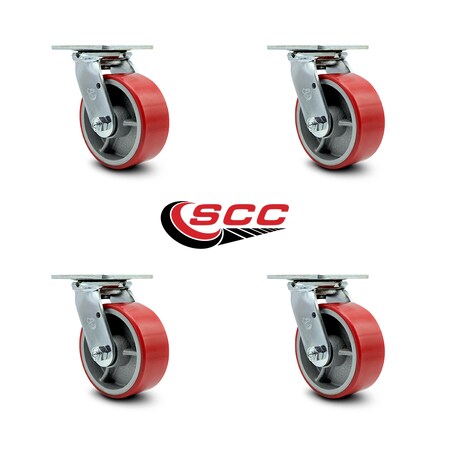 Service Caster 5 Inch Red Poly on Cast Iron Wheel Swivel Caster Set with Ball Bearings SCC SCC-30CS520-PUB-RS-4
